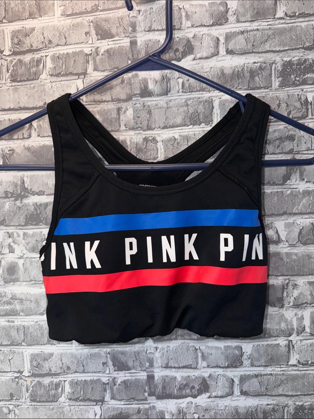 PINK Victoria's Secret Women's Black Sports Bra with Blue and Red Stripe